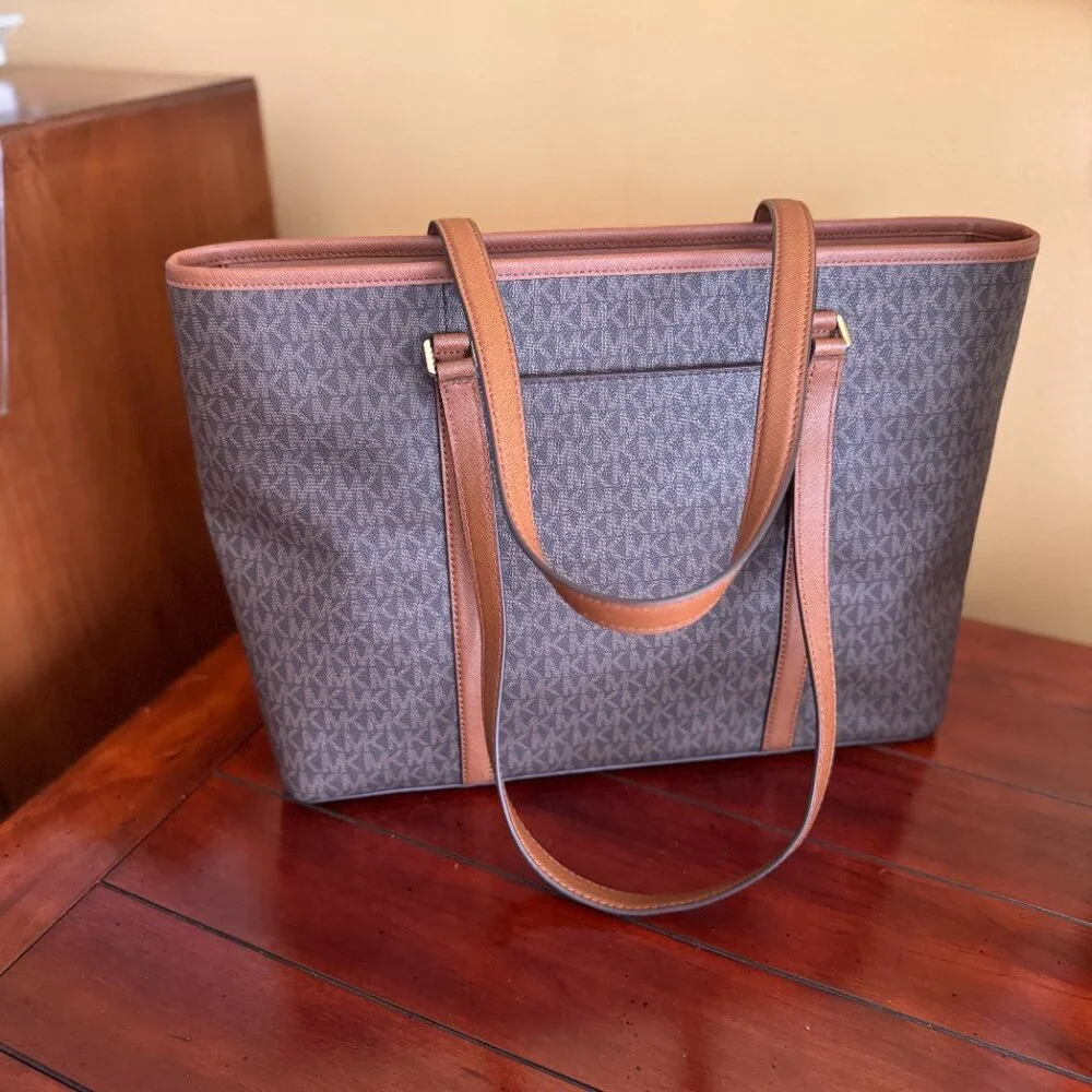 Michael Kors Sady Large Logo Canvas Top-Zip Laptop Travel Tote Brown - Picture 11 of 11